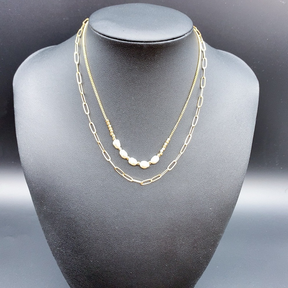 Two Strands Gold Plated and Pearl Necklace Set
